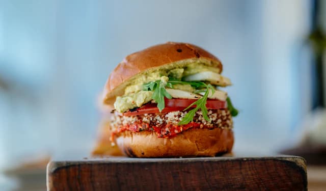 Plant-based burger with avocado, tomato and green lettuce — illustrative stock photograph